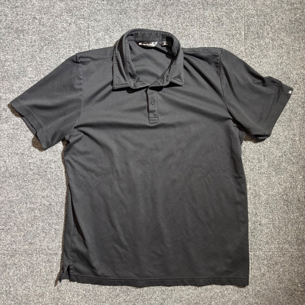 TravisMathew Mens XL Black Polo Shirt Franciscan Estate Logo Short Sleeve Golf
